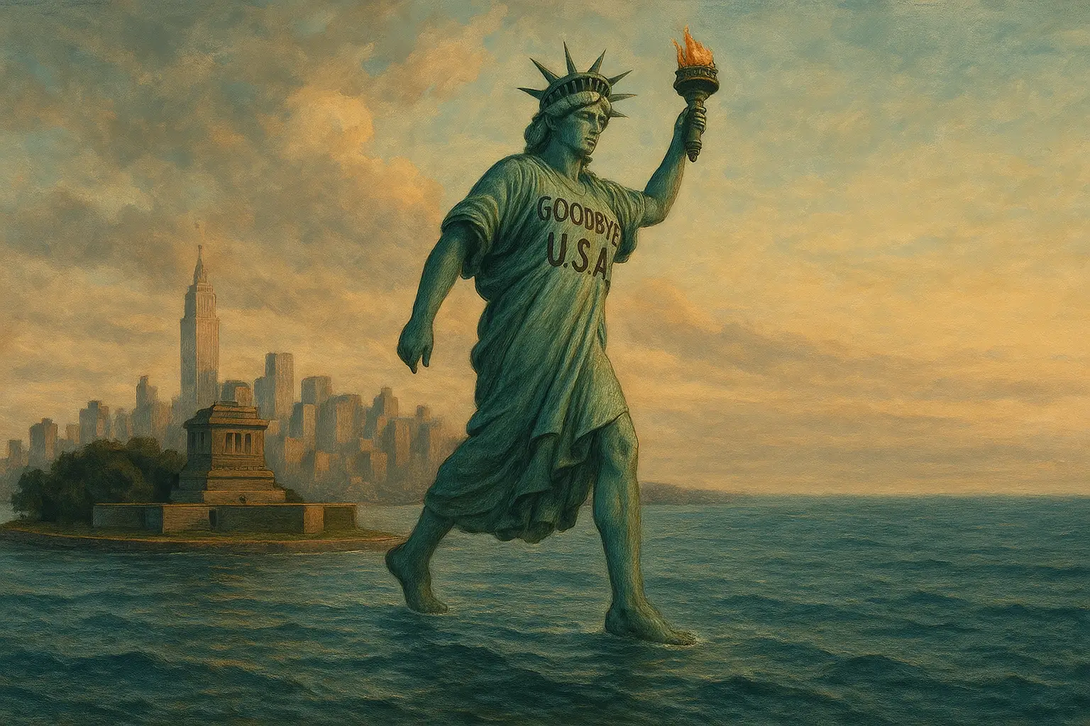 Freiheitsstatur-geht-Richtung-Europa Diew Freiheitsstatur geht zurück. Auf der Brust steht Goodbye USA